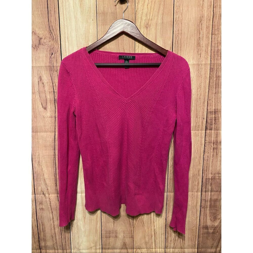 Lauren Ralph Lauren Large pink V-neck knit sweater winter cozy women’s
